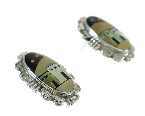 Native American Village Design Multicolor Sterling Silver Post Earrings AX81238